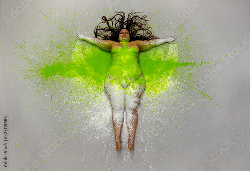 Schilderij op canvas Sexy, plus size, fat, overweight, chubby woman, green, yellow color painted decorative