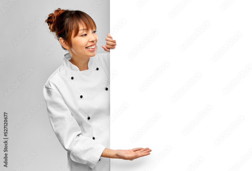 cooking, advertisement and people concept - happy smiling female chef with white board over grey background cooking, advertisement and people concept - happy smiling female chef with white board over grey background