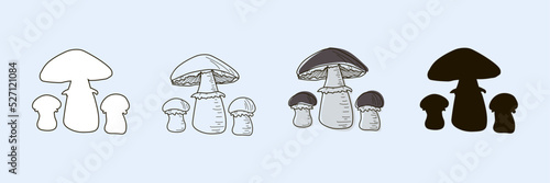 Set of butter mushrooms drawn in line, doodle, outline and black silhouette style. Vector illustration on blue background