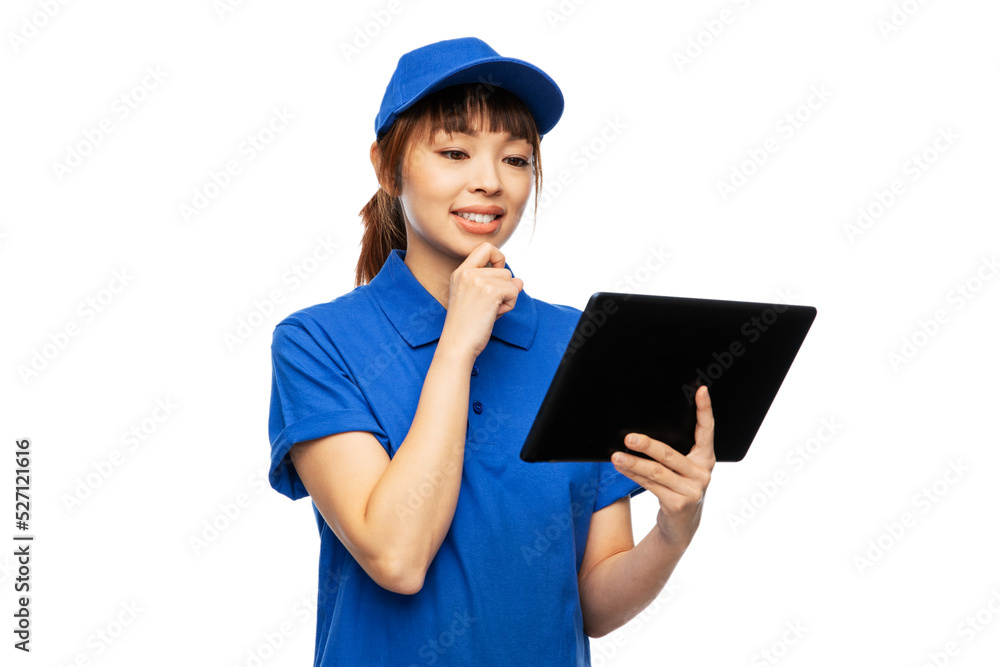 profession, job and people concept - happy smiling delivery woman in blue uniform with tablet pc computer over white background profession, job and people concept - happy smiling delivery woman in blue uniform with tablet pc computer over white background