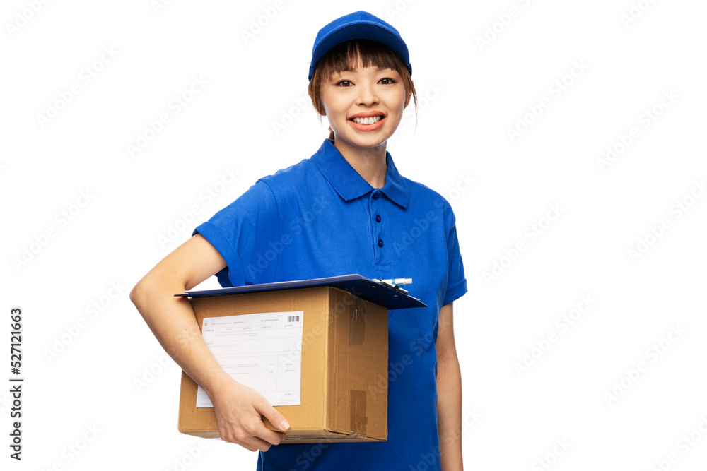 profession, job and people concept - happy smiling delivery woman in blue uniform holding parcel box over white background profession, job and people concept - happy smiling delivery woman in blue uniform holding parcel box over white background