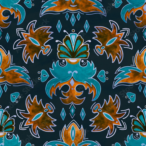Hand drawn watercolor abstract ornament seamless pattern on a dark blue background. Decorative damask ornamental illustration for textile, wallpaper, wrapping paper
