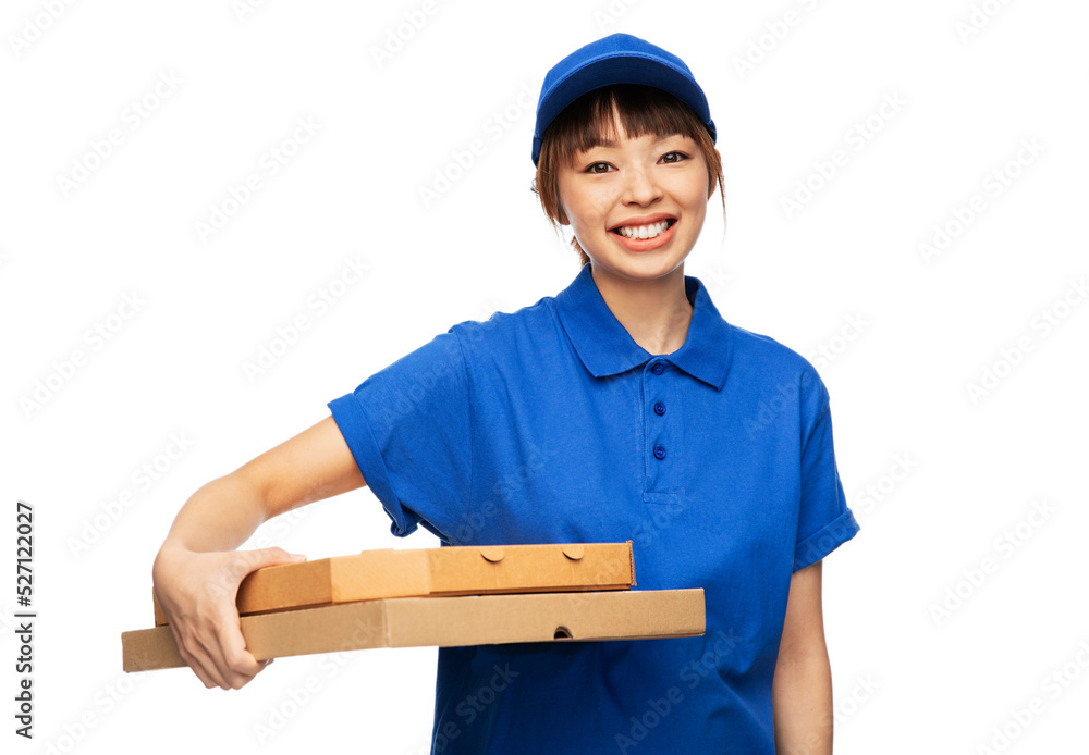 food, service and job concept - happy smiling delivery woman in blue uniform with takeaway pizza boxes over white background food, service and job concept - happy smiling delivery woman in blue uniform with takeaway pizza boxes over white background