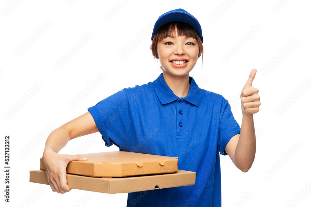 food, service and job concept - happy smiling delivery woman in blue uniform with takeaway pizza boxes showing thumbs up gesture over white background food, service and job concept - happy smiling delivery woman in blue uniform with takeaway pizza boxes showing thumbs up gesture over white background