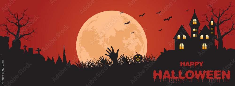 Realistic Halloween party dead trees, at moon night pumpkin Facebook cover