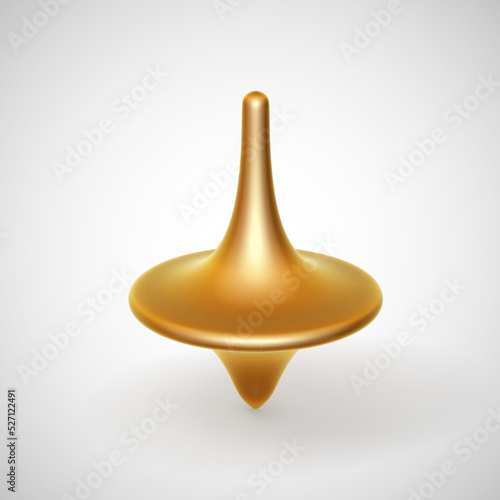 3D golden rotating whirligig toy on white background. Concept of endless movement, abstract visualization of chaos and balance. Golden spinning top, EPS 10, vector illustration.