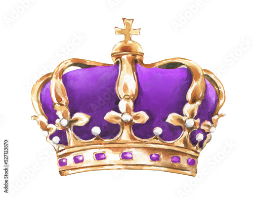 Watercolor Golden purple King crown illustration, realistic detailed drawing, create funny character creator, animal, boy,girl, dog, cat, Queen royal princess, Prince,party decoration,gender reveal