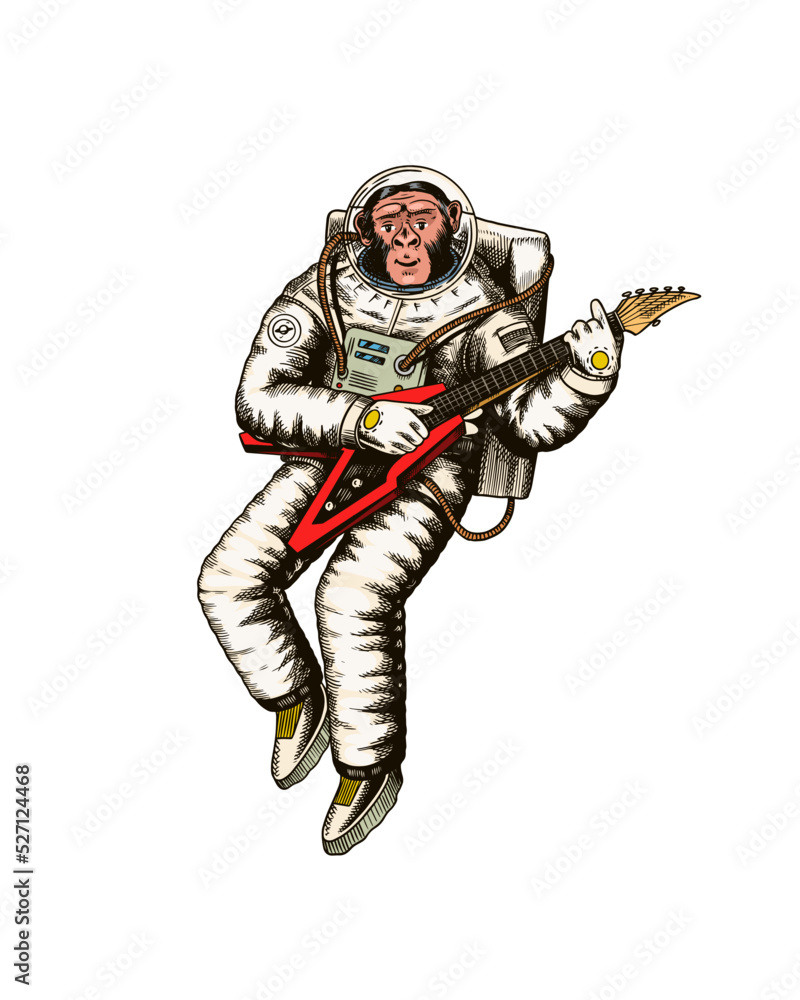 Monkey astronaut plays the electric guitar. Chimpanzee spaceman cosmonaut character. Fashionable animal. Hand drawn Engraved old monochrome sketch. Vector illustration for t-shirt, tattoo 