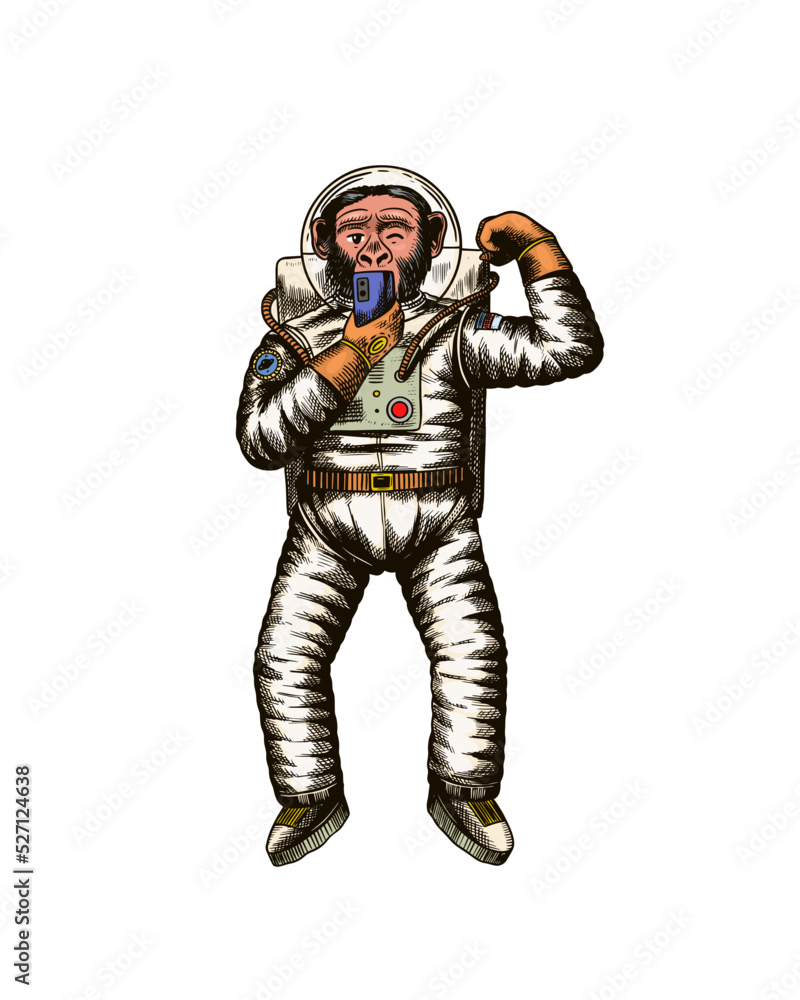 Monkey astronaut takes selfies and plays with muscles.. Chimpanzee spaceman cosmonaut character. Fashionable animal. Hand drawn Engraved old monochrome sketch. Vector illustration for t-shirt, tattoo Monkey astronaut takes selfies and plays with muscles.. Chimpanzee spaceman cosmonaut character. Fashionable animal. Hand drawn Engraved old monochrome sketch. Vector illustration for t-shirt, tattoo