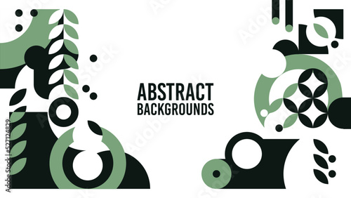 Green background abstract shapes. Design art drawing minimal geometric. Creative geometric forms. Ciecles, plants, rectangle, square. Space for text. Space for header