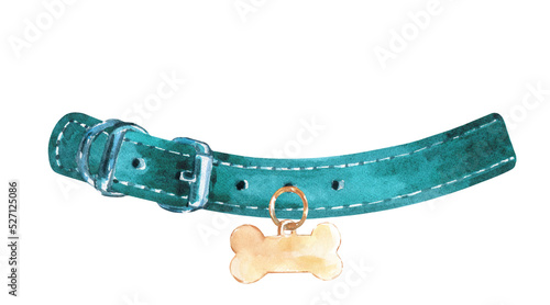 Obraz na plátně Watercolor turquoise leather dog,animal collar ,bone tag illustration, Hipster funny clothes accessories, leash, lead, costume, character creator decor fashion element isolated