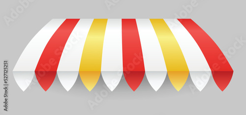 Awning element. Sunshade prevent sunlight and rain. Shop decorating. Outdoor vintage striped canopy. Marketplace tent roof, template for design