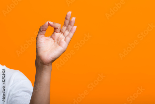 Close up woman with hand palm ok sign