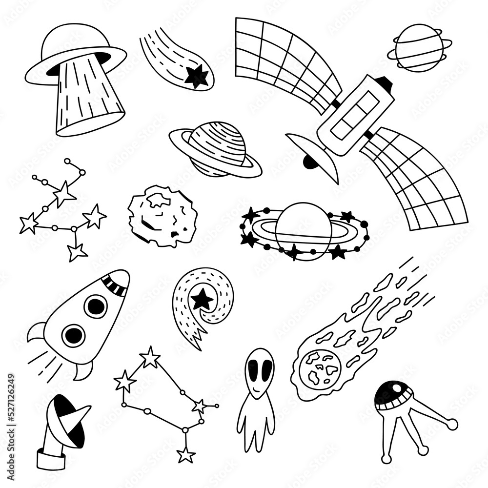 Set of hand drawn space elements. Vector illustration in doodle style ...