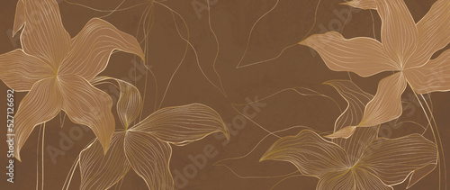 Abstract floral art background with flowers in golden line style. Botanical vector banner for wallpaper, print, textile, interior design.