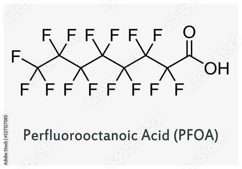 Structure of perfluorooctanoic acid. PFOA chemical structure depiction.