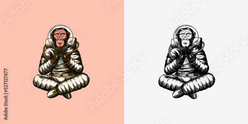 Monkey astronaut meditates in a yoga pose. Chimpanzee spaceman cosmonaut character. Fashionable animal. Hand drawn Engraved old monochrome sketch. Vector illustration for t-shirt, tattoo 