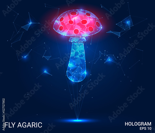 Hologram fly agaric. Fly agaric of polygons, triangles of points and lines. Poisonous mushroom icon low-poly compound structure. Technology concept vector.