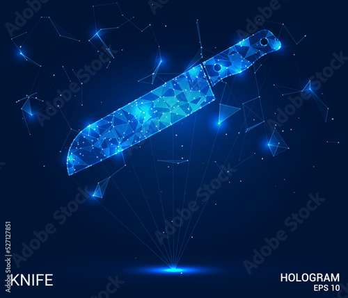 Hologram knife. A knife made of polygons, triangles of points and lines. The knife icon is a low-poly joint structure. Technology concept vector.