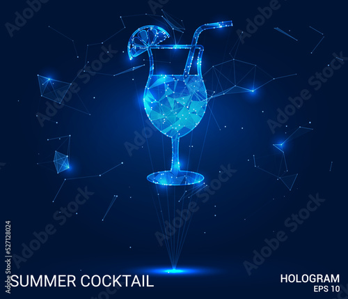A hologram of a summer cocktail. A cocktail of polygons, triangles of points and lines. Cocktail icon low-poly compound structure. Technology concept vector.