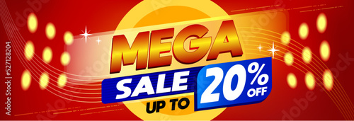 Mega sale 20 percent off promotional banner discount with elements and red background
