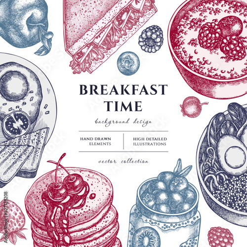 Breakfast hand drawn illustration design. Background with vintage sandwich, pancakes, bowl with avocado, porridge with berries, chia pudding, fried eggs, raspberry, blueberry, strawberry, apples.