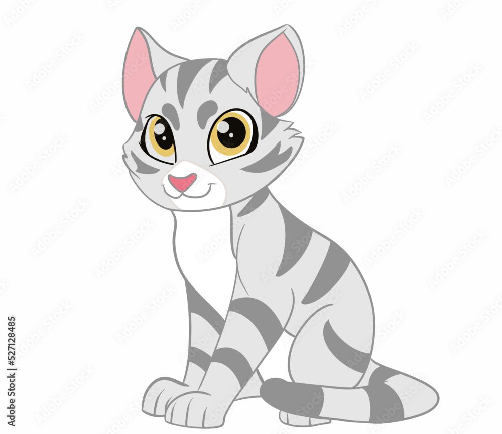 The lovely American Shorthair cat, cute, pink nose and ears and large eyes sit with a good emotion. Doodle and cartoon art.