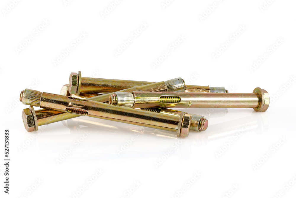 Screw-bolt metallic anchors with yellow zinc coating for concrete. , Expansion Anchor, Concrete anchor bolt. Close-up. Screw-bolt metallic anchors with yellow zinc coating for concrete. , Expansion Anchor, Concrete anchor bolt. Close-up.
