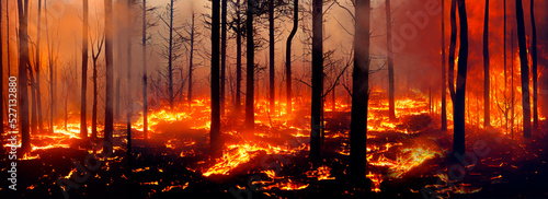 Forest fire. Fire burns the forest. Charred trees, fire glow and smoke. Natural disaster as a result of climate change. 