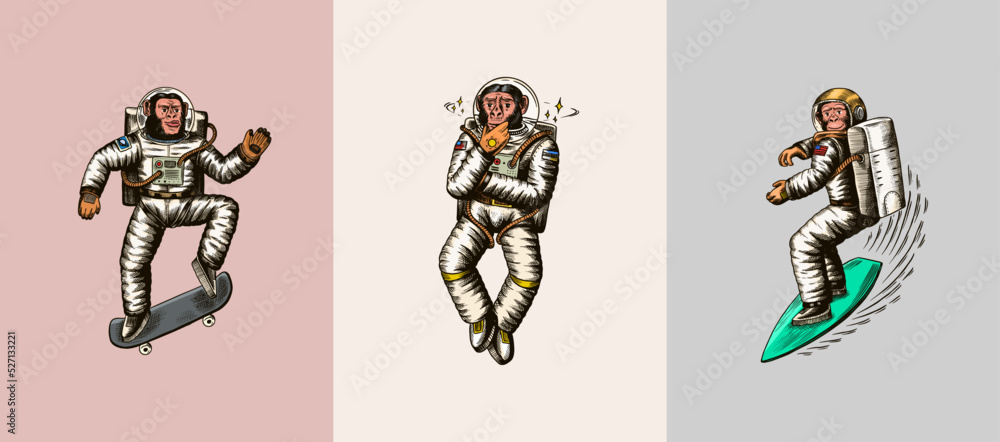 Monkey astronaut with skateboard. Chimpanzee spaceman cosmonaut characters set. Astronomical galaxy space. Funny cosmonaut explore adventure.Hand drawn old sketch line