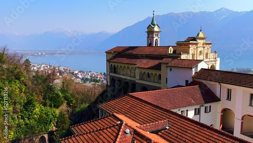 Madonna del Sasso Sanctuary roofs against Lake Maggiore, Orselina, Switzerland photo