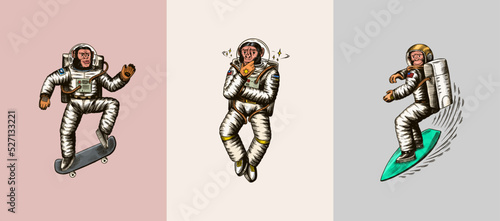 Monkey astronaut with skateboard. Chimpanzee spaceman cosmonaut characters set. Astronomical galaxy space. Funny cosmonaut explore adventure.Hand drawn old sketch line