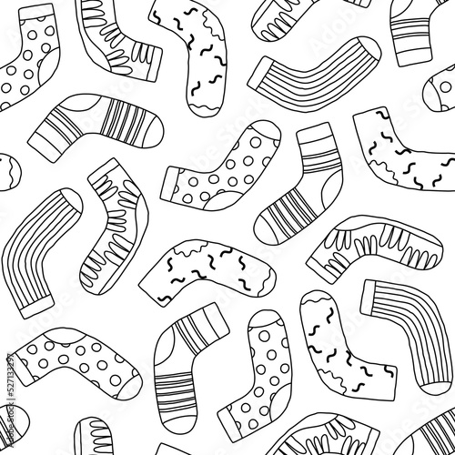 Socks seamless pattern. Various doodle socks repeatable design for textile, packaging, background. Down syndrome support symbol.