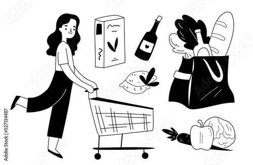 Girl at grocery store doodle set. Shopping for food .