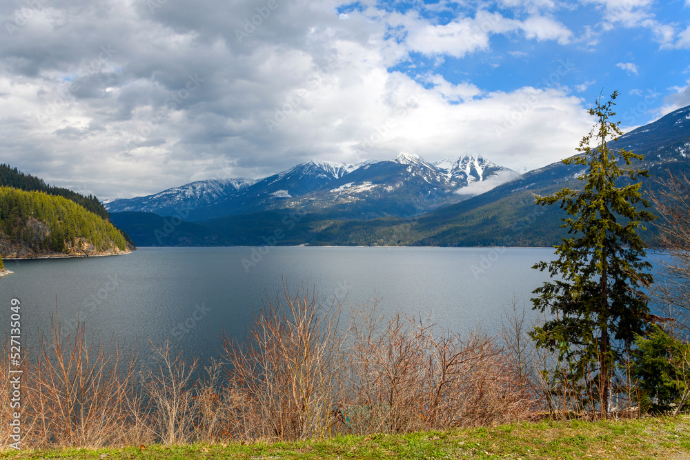 Kootenay Lake, Kaslo Bay and mountains in the rural village of Kaslo, British Columbia, Canada at early winter.	