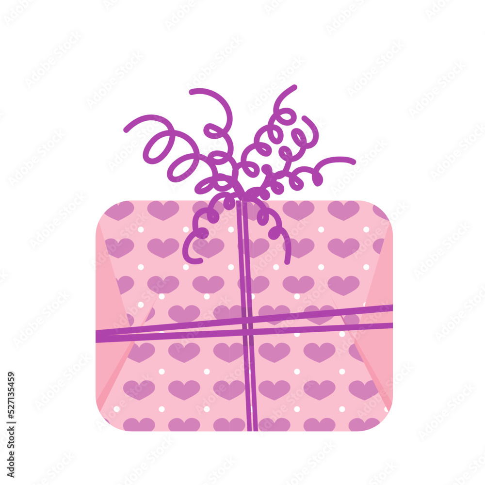 Gift box with hearts. Pink present box with hearts and purple bow. Flat, cartoon, vector Gift box with hearts. Pink present box with hearts and purple bow. Flat, cartoon, vector