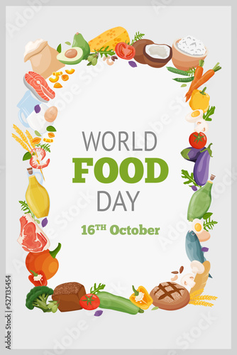 World Food Day. Different fresh food on banner or greeting card. Vector illustration