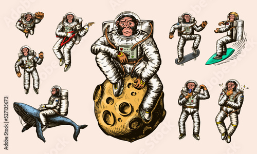 Monkey astronaut with whale, guitar, skateboard and moon. Chimpanzee spaceman cosmonaut characters set. Astronomical galaxy space. Funny cosmonaut explore adventure.Hand drawn old sketch line