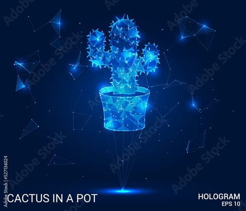 A hologram of a cactus in a pot. A cactus of polygons, triangles of points and lines. Cactus icon is a low-poly compound structure. Technology concept vector.