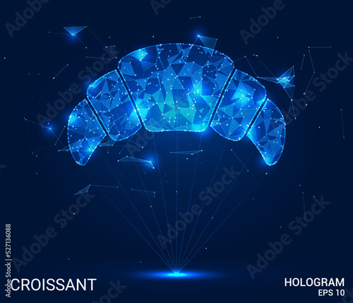 A hologram of a croissant. A croissant made of polygons, triangles of points and lines. Croissant icon is a low-poly compound structure. Technology concept vector.