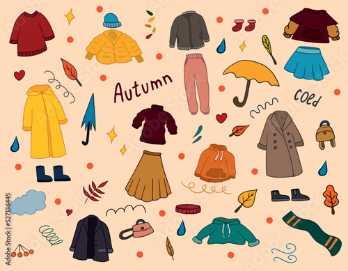 Multicolored hand drawn doodle autumn woman clothes set. Includes sweaters, down jacket, bomber jacket, jacket, hoodie, raincoat, coat, handbag, backpack, leaves, raindrops, mountain ash, scarf, heart