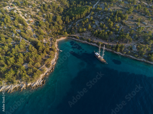 Aerial view of anchored boat