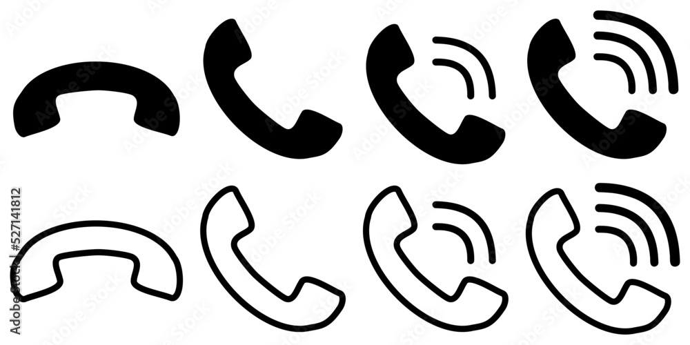 Communication concept. Vector flat outline icon set illustration. Black isolated on white background. Phone call handset sign. Design element collection for customer sevice and web, logo, ui. Communication concept. Vector flat outline icon set illustration. Black isolated on white background. Phone call handset sign. Design element collection for customer sevice and web, logo, ui.