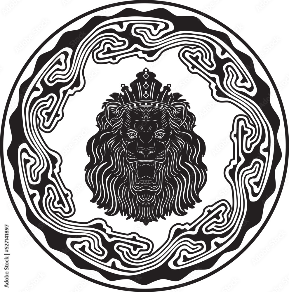 king lion logo with floral frame handmade design vector
