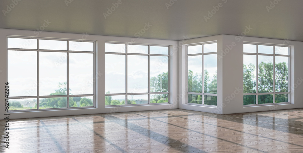 Fototapeta premium Illustration 3D rendering large luxury modern bright interiors Living room mockup computer digitally generated image