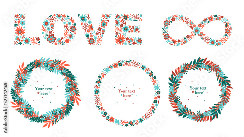 Floral love set with wreaths and lettering for hippie wedding. Word Love of flowers. Isolated