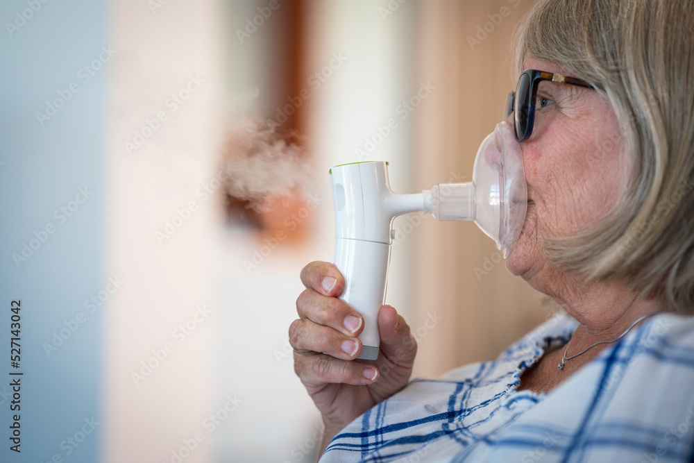 Senior lady breathing through oxygen inhaler at home. Medical and treatment concept. Senior lady breathing through oxygen inhaler at home. Medical and treatment concept.