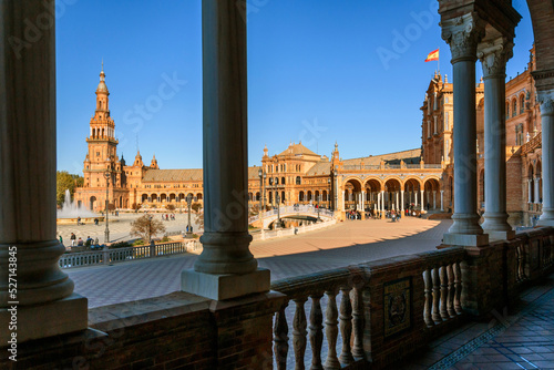 View from the covered portico of the Plaza de Espana, or Spanish Square, in Seville, Spain