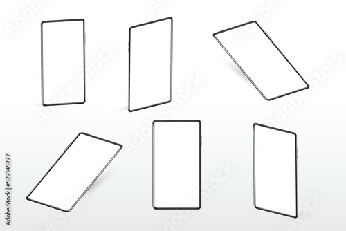 Realistic phone with empty screen mockup. Smartphone blank display isolated phone different angles views.