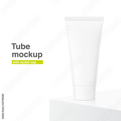 Hyper realistic tube mockup with flip top cap. Front view. Vector illustration isolated on white background. Can be use for your design, advertising, promo and etc. 